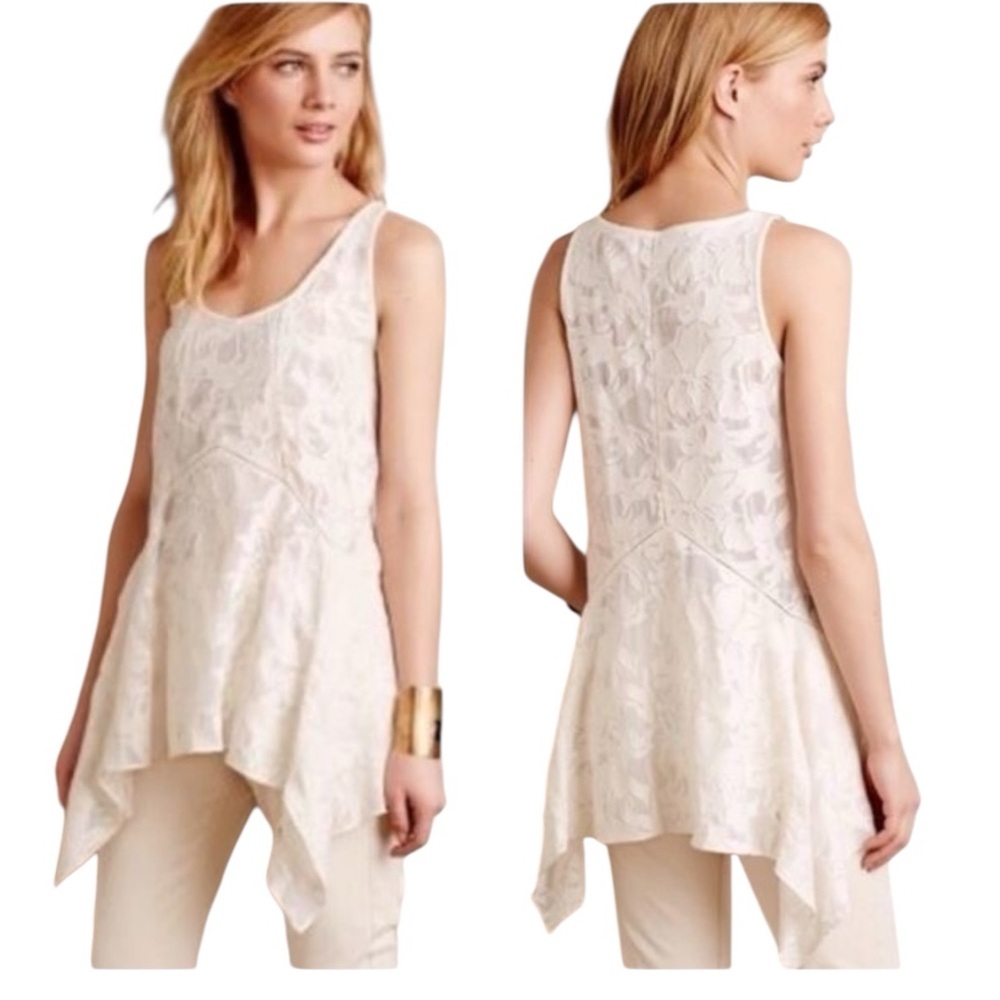 ANTHROPOLOGIE VANESSA VIRGINIA IVORY LACE SHEER SLEEVELESS WATERFALL BLOUSE